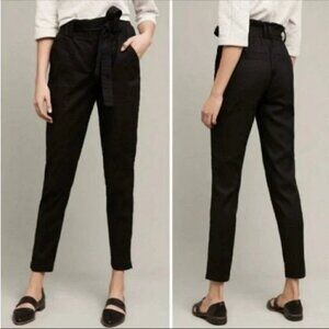 Anthropologie Elevenses  Linen High Waist Paper Bag Romy Cargo Pants Black Sz M